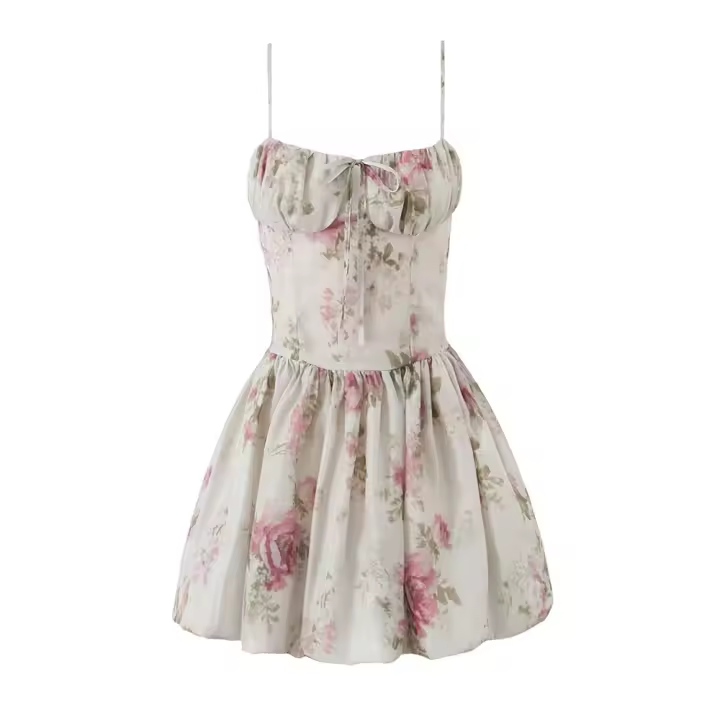 Vestido Mini Estampado De Rosas Slim Fit Para Mujer PB&ZA 2024 Primavera Estilo Fashionable Y Elegante Con Tirantes Y Cuello En V - 1