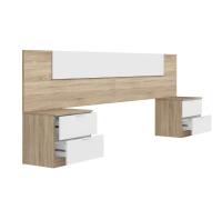 Meimon Conjunto ALAYA: Cabezal para cama de 150 cm en melamina TIPO E1 con acabado en Roble Canadian y Blanco Artik + 2 mesitas de 2 cajones c/u con guías metálicas, tiradores aluminio lacado, tacos ABS - details 0