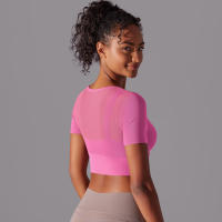 Camiseta de manga corta para Yoga, Top Sexy de Doble Capa, ropa de Malla empalmada, Sujetador Deportivo para correr y Fitness, Color sólido, Mujer - details 16