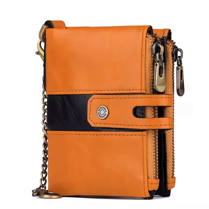 Cartera De Cuero Genuino Para Hombre HUMERPAUL Con Cadena Protección RFID Porta Tarjetas De Crédito De Calidad Para Viajes Estilo Business - 1