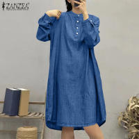 ZANZEA Vestido De Camisa Para Mujer Estilo Vintage Cuello En Pie Botones Manga Larga Casual Longa Suelta Mini Vestido Manga Larga Estilo Vintage Para Otoño Con Bolsillos - details 5