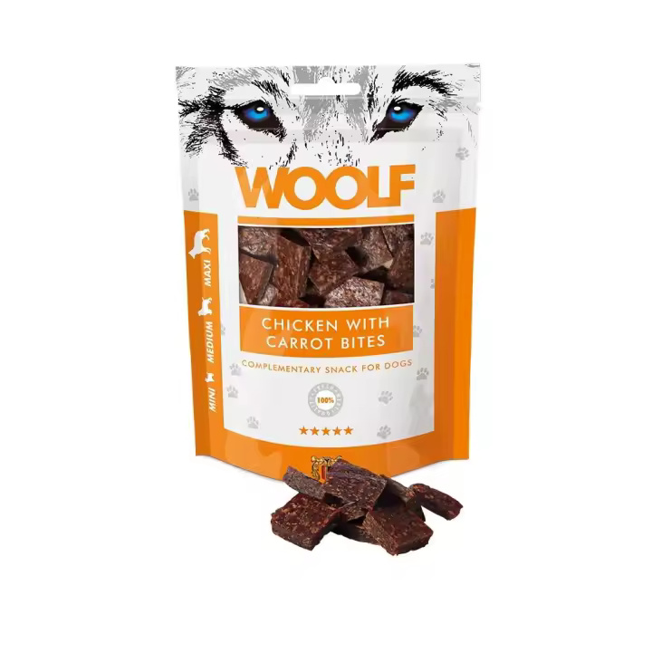 Snack Woolf Bocaditos de Pollo y Zanahoria 100gr - Deliciosas golosinas para perros ricas en pollo y zanahoria - 1