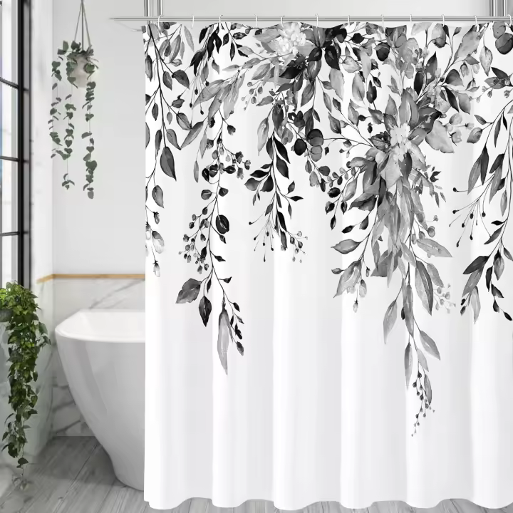 Cortina de Ducha, juego de Cortina de Ducha floral para baño con Ganchos, 180x180, eucalipto Blanco y Negro - 1