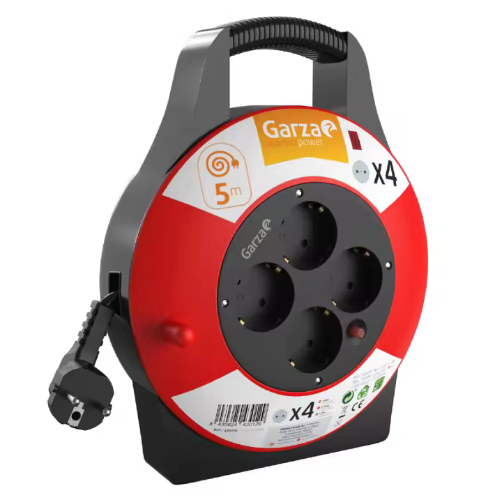 Enrollacables Garza - Doméstico 3G - Ideal para Hogar, Oficina, Caravana y Camping - 4 Tomas de Corriente - Protección Sobretensión - Sobrecalentamiento - Infantil - Rojo y Negro - 3 Años Garantía - 1