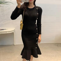 Vestido Bodycon Mermaid Elegante De Moda Coreana YuooMuoo Negro Con Volantes Para Fiesta Y Oficina Vestido De Cintura Imperio De Pierna Larga Estilo Lady - details 0