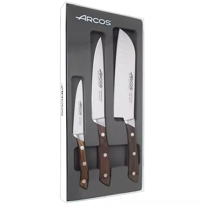ARCOS Natura - Set 3 Cuchillos de Cocina (100, 160 & 180 mm) - Hoja de Acero Inoxidable Forjado Nitrum® - Mango de Madera de Palisandro - 1