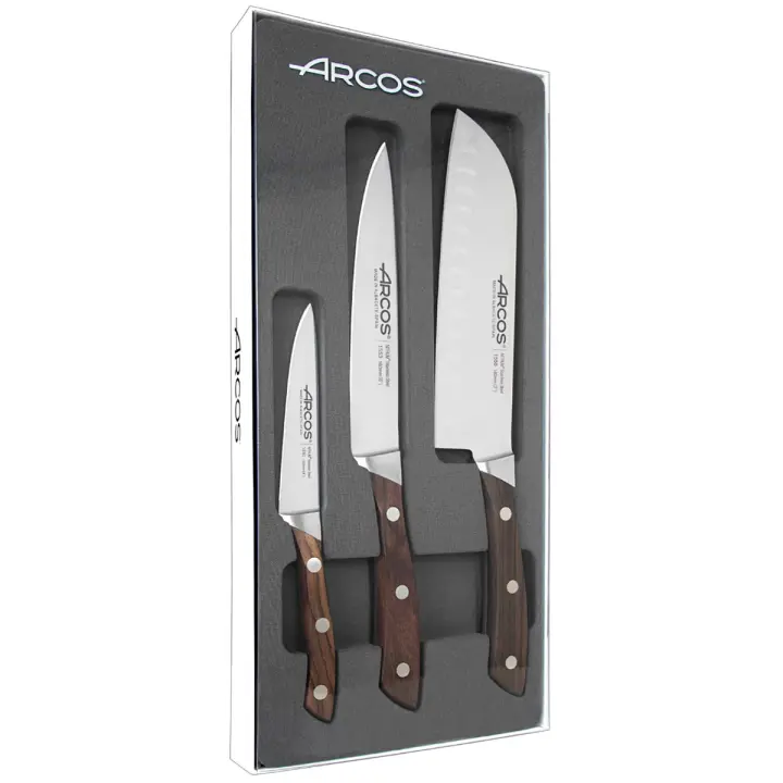 ARCOS Natura - Set 3 Cuchillos de Cocina (100, 160 & 180 mm) - Hoja de Acero Inoxidable Forjado Nitrum® - Mango de Madera de Palisandro - 1