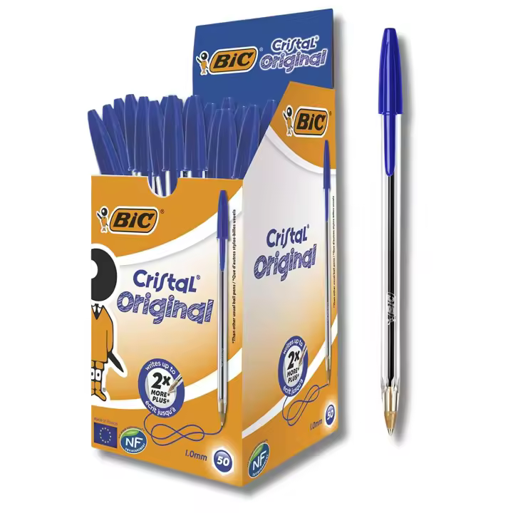 BIC Cristal: Bolígrafos Azules Punta Media 1.0mm - Ideal Oficina y Escuela, Caja 50 Unidades - 1