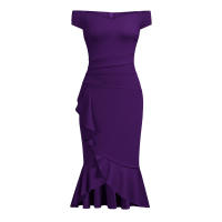 Vestido Elegante Para Mujer De Encaje Con Volante Y Cintura Ajustada Vestido De Fiesta Con Hombros Descubiertos Y Abertura En La Pierna Vestido Clásico De Cintura Alta Y Acolchado - details 16
