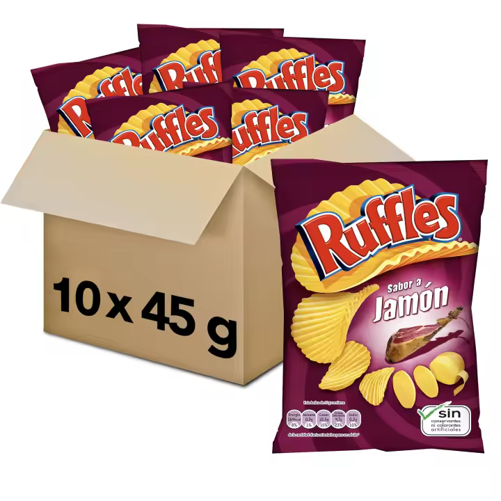 Ruffles Jamón - Patatas Fritas Crujientes Sabor Jamón, Pack de 10 Bolsas de Patatillas Deliciosas, Onduladas e Irresistibles, Snack y Aperitivo, Total: 10 x 150g = 1500 g - 1