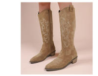 Botas De Vaquero Bordadas Para Mujer Con Punta Puntiaguda Y Tacón Grueso Botas Largas De PU Cuero Falso Botas De Rodilla Alta Para Otoño - details 16