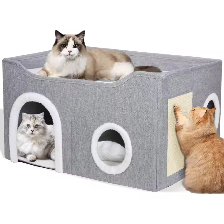 Cama para gatos de interior, casa plegable con forma de cubo, cueva grande y suave con rascador, cubierta para gatos. - 1