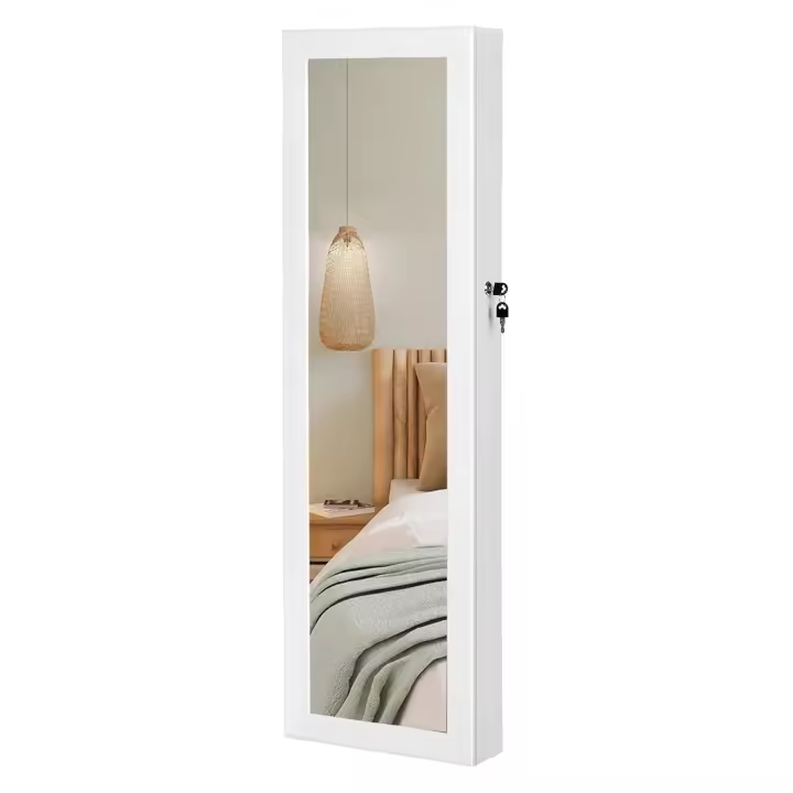 Espejo joyero con luz led, organizador montado en la pared con cierre seguro, colgante para puerta, espejo y compartimentos, perfecto para pendientes, collares - 1