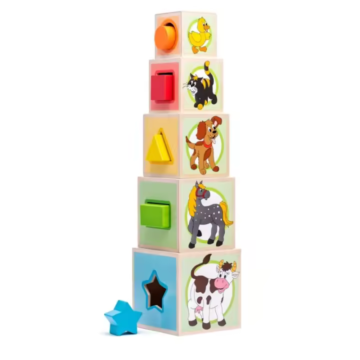Bloques Apilables y Encajables Animales en madera  5 piezas Woody - 1