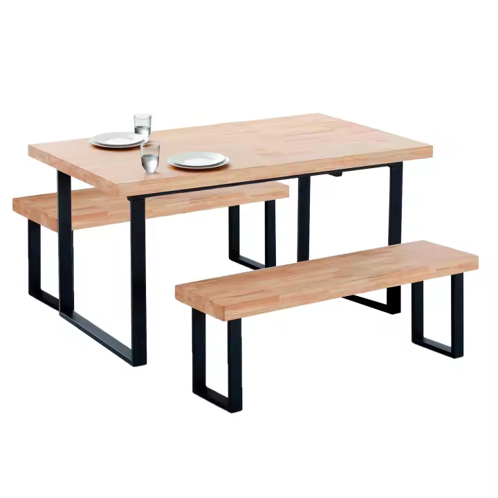 Conjunto de Mesa y 2 Bancos Estilo Industrial en Color Roble Nordish y Negro - 1