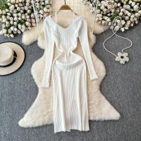 Vestido Largo De Mujer Con Cuello En V Y Manga Larga Blanco Elegante Con Cierre De Lazos Estilo Callejero Alta Moda Para Otoño Y Playa - details 1