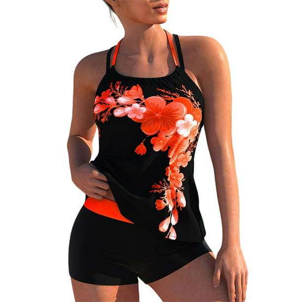 Verde Mujeres Strappy Tankini Sets - Conjuntos de Bañadores Mujer - Tops Acolchados - Pantalones Cortos - Cuello Alto - Natación Traje Halter - Estampado Floral - Varios Colores