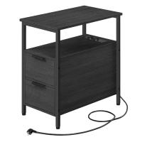 Mesa auxiliar multifuncional con multienchufe, diseño compacto con 2 cajones, ideal como mesita de noche, almacenamiento adicional para salón y dormitorio, disponible en gris ahumado o marrón rústico - details 7
