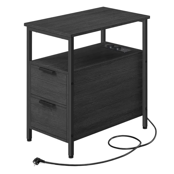 Mesa auxiliar multifuncional con multienchufe, diseño compacto con 2 cajones, ideal como mesita de noche, almacenamiento adicional para salón y dormitorio, disponible en gris ahumado o marrón rústico - 1