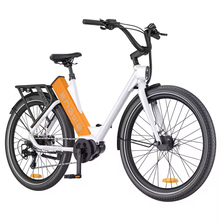 ENGWE P275 ST Bicicleta eléctrica urbana, motor sin escobillas de 250W, batería de 36V 19.2Ah, alcance máximo de 260 km, freno de disco hidráulico, neumáticos de 27.5'' con radios, SHIMANO 9 velocidades, Prácticos accesorios gratuitos - Blanco naranja - 1
