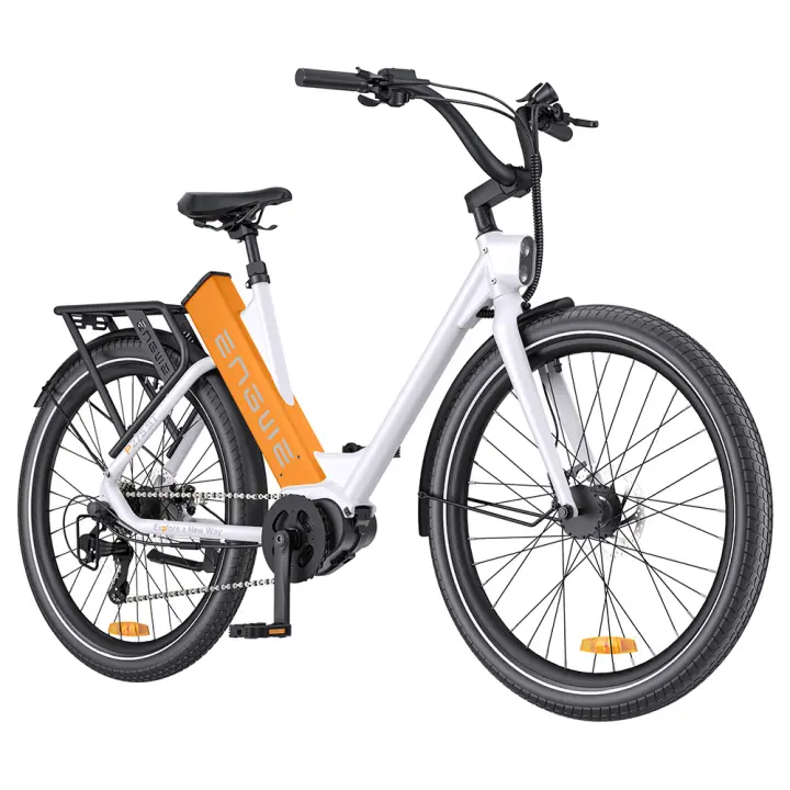 ENGWE P275 ST Bicicleta eléctrica urbana, motor sin escobillas de 250W, batería de 36V 19.2Ah, alcance máximo de 260 km, freno de disco hidráulico, neumáticos de 27.5'' con radios, SHIMANO 9 velocidades, Prácticos accesorios gratuitos - Blanco naranja - 1