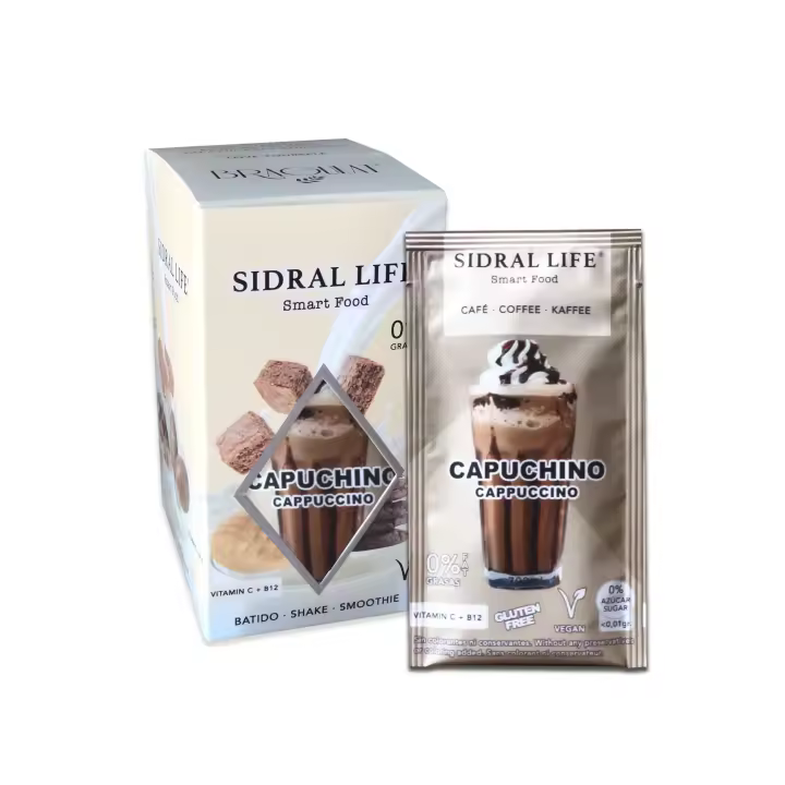 Bebida de CAFÉ CAPUCHINO 15u. Saborizante de Agua - Sidral Life - Café instantáneo 700 ml. - Sin azúcar - 0% Grasas - Vitamina C, B12 - 1