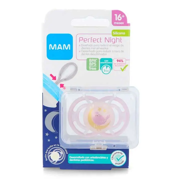 MAM CHUPETE SILICONA FISIOLOGICO PERFECT NIGHT +16 MESES ROSA - 1