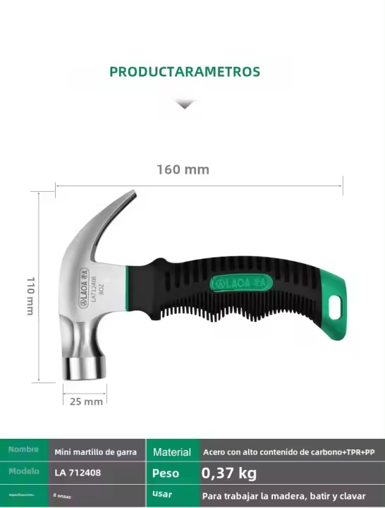 Martillo De Gruesa Mini LAOA 8OZ Herramienta De Hierro Y Madera Para Trabajos De Carpintería Y Electrónica Mango De Goma Acero Inoxidable - 1