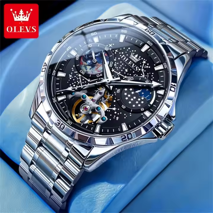 Reloj Mecánico Automático Para Hombre OLEVS Luminoso Resistente Al Agua Con Fase Lunar Y Múltiples Funciones Acero Inoxidable Sin Numeración - 1