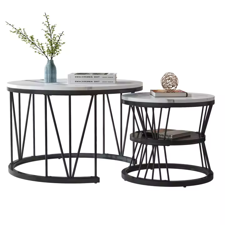 Set de Mesas de Centro Redondas 70/45 cm, Diseño Nido con Estructura en V Negra, Tablero Efecto Mármol Blanco, MDF Moderno para Salón - 1
