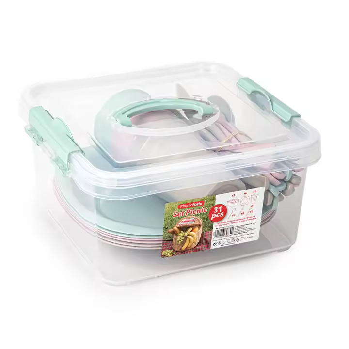 UD - Set de Picnic 31 Piezas Plástico – 6 Vasos, 6 Platos, 6 Tenedores, 6 Cucharas ,6 Cuchillos con una Caja – Ideal para Camping y Excursiones - 1
