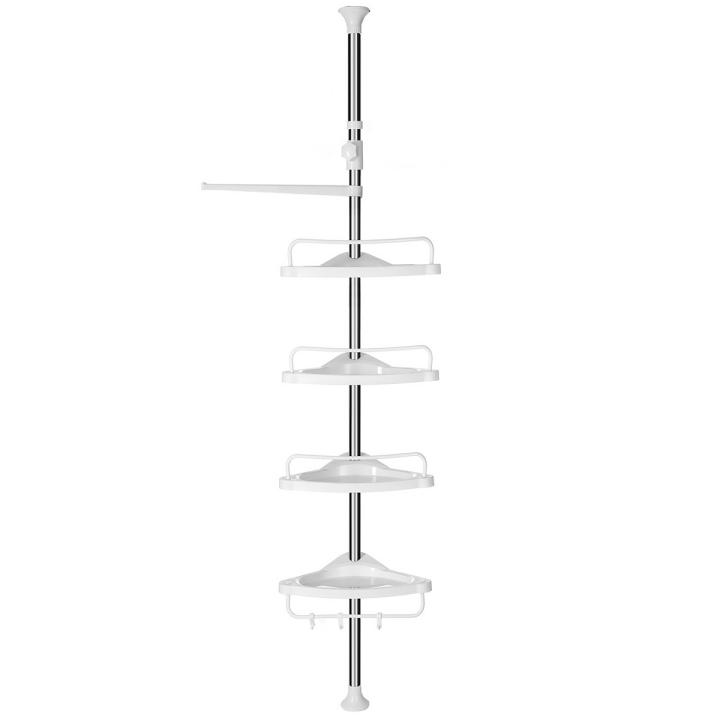 SONGMICS Estante de Baño Ajustable, Columna de Ducha Telescópica, 95-300 cm, de Suelo a Techo, con Marco de Acero Inoxidable, 4 Bandejas, 3 Ganchos, 1 Toallero, Blanco y Plateado