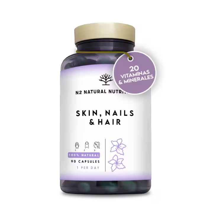 Tratamiento Natural para Piel, Cabello y Uñas. Reduce Manchas, Mejora Elasticidad y Firmeza, Anticaída del Cabello. Biotina, Zinc, Selenio, Probióticos y Vitaminas. Alta Concentración. 90 Cápsulas. CE. N2 Natural Nutrition - 1