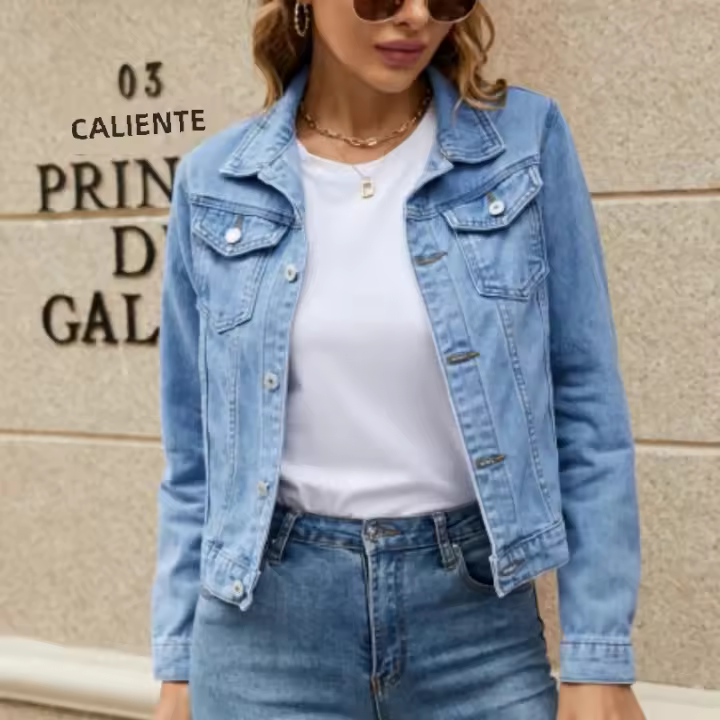 Vintage Jean mujer cuello en V manga larga estilo casual chaqueta vaquera con bolsillo sólido otoño - 1