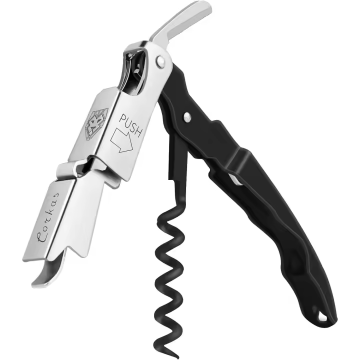 Wine Key - Sacacorchos profesional para camareros, resistente y artesanal, abridor de vino compacto con doble bisagra, color negro - 1