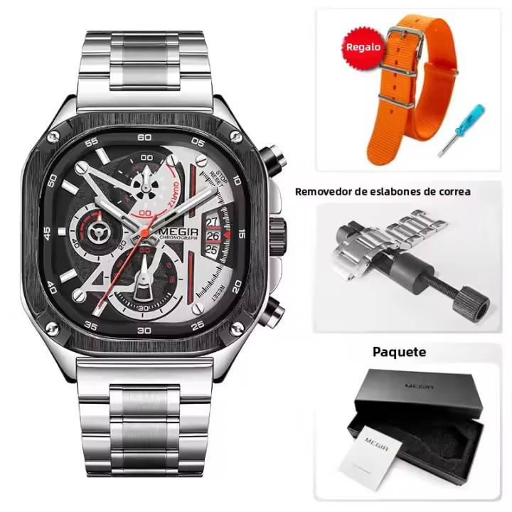 Reloj De Cuarzo Para Hombre MEGIR Negro Resistente Al Agua Con Cronógrafo Y Manos Luminosas Correa De Acero Inoxidable Dial Cuadrado - 1