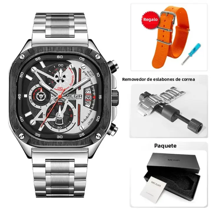 Reloj De Cuarzo Para Hombre MEGIR Negro Resistente Al Agua Con Cronógrafo Y Manos Luminosas Correa De Acero Inoxidable Dial Cuadrado - 1