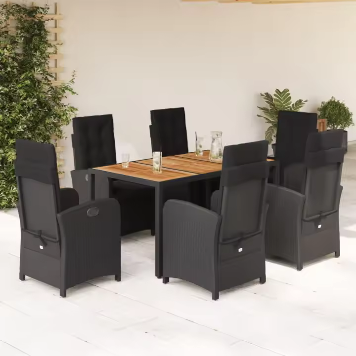 vidaXL Set de comedor de jardín 7 pzas y cojines ratán sintético negro - 1