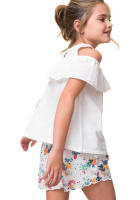 Conjunto Niña Verano Petit Alo 2 Piezas - Blusa Blanca + Short Floral Bordado - 100% Algodón - details 1