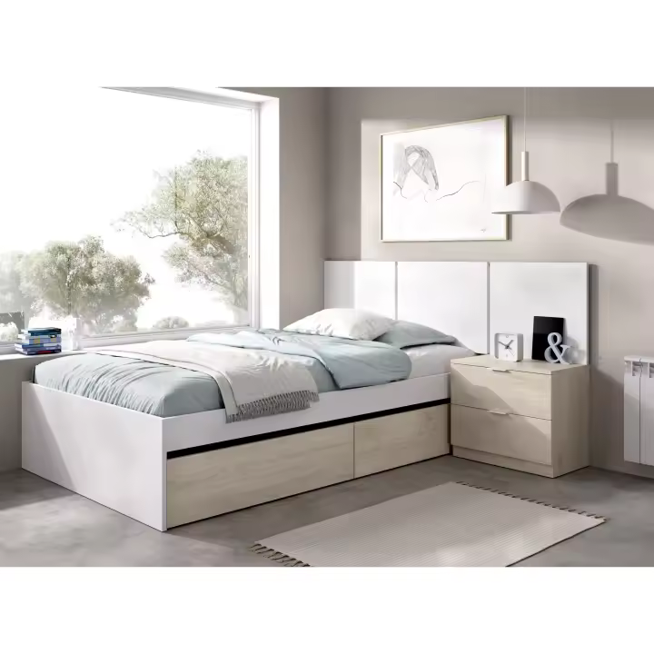 DEKIT GRUPO RIMOBEL BITO PACK - CONJUNTO DE CABEZAL CON MESITA DE 2 CAJONES, ARO DE CAMA 90X190 Y 2 CAJONES BAJO CAMA - BLANCO / NATURAL - 1
