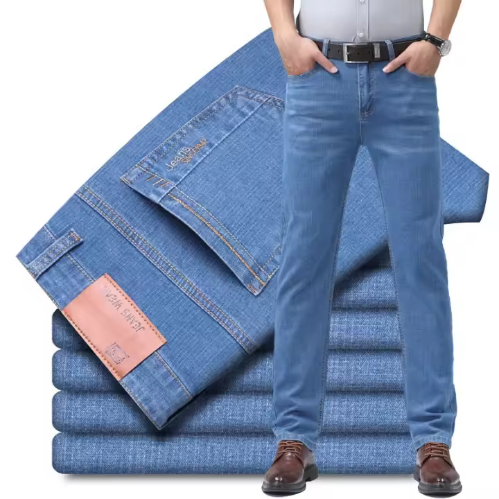 Pantalones Vaqueros De Verano Para Hombre Elásticos Y Cómodos De Algodón Azul Moda Pantalones Rectos Casuales Para El Trabajo - 1