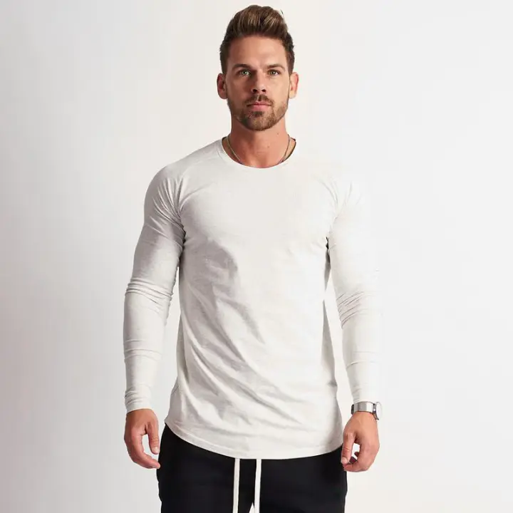 Camiseta De Algodón Para Hombre Cuello Redondo Manga Larga Ajustada Fitness Running Tee Gym Bodybuilding Primavera Otoño - 1