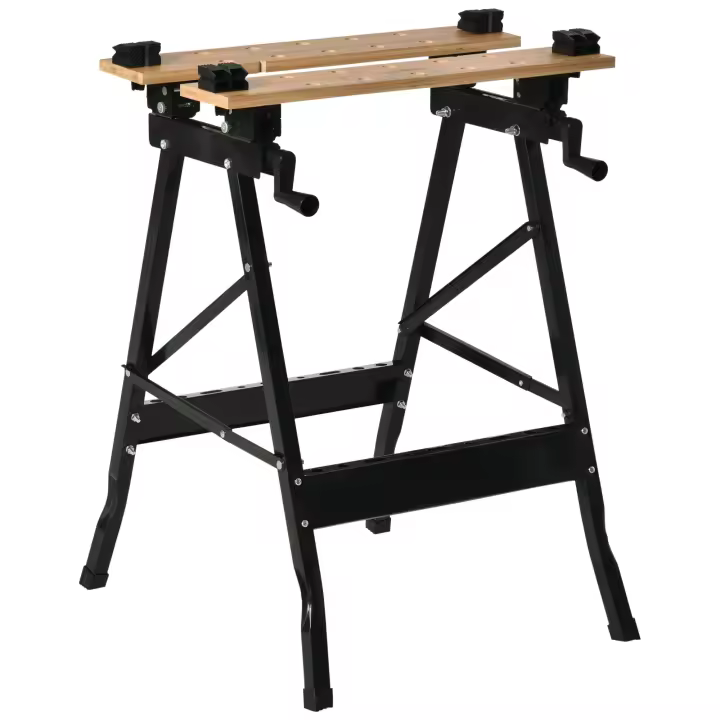 HOMCOM Banco de Trabajo Plegable Portátil con Tableros Ajustables en Ángulo y Distancia Bambú y Acero Carga Máx. 150 kg 63,5x60,5x78 cm Madera Natural y Negro - 1