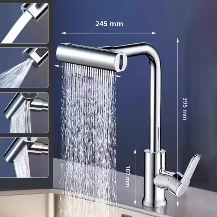 Grifo De Cocina Gris Con Cabeza Giratoria Y Rociador Flujo De Agua En Forma De Cascada Acero Inoxidable Tapau De Cocina - 1