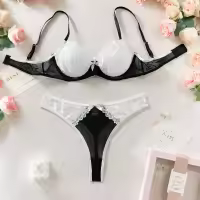 Lencería Sexy De Contraste Negro Y Blanco Conjunto De 2 Piezas Translúcido Con Bordado En Forma De Corazón Y Lazo Sujetador Y Brief Para Mujer - details 13