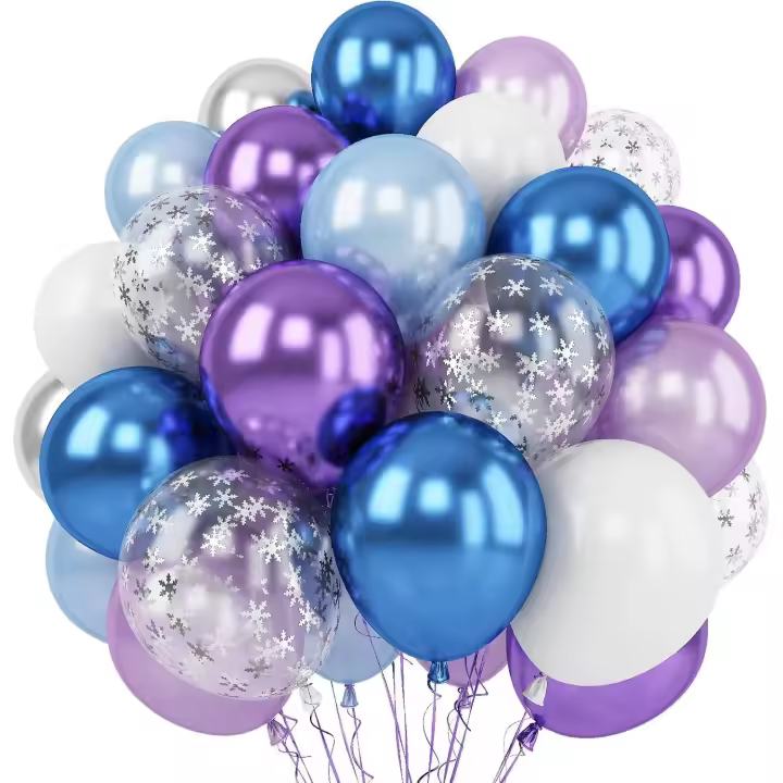 Juego de globos azules congelados, 60 piezas, 12 pulgadas, globos de látex metálicos, morados, azules y blancos, globos de confeti plateados con copos de nieve y cintas - 1