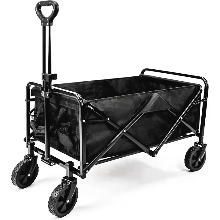 Carro Plegable para Playa con 4 Ruedas Anchas, Asa Ajustable, 2 Portavasos hasta 75 Kg- Carrito Camping Transporte Ideal para Acampar, Picnic, de Compras Color Negro - 1