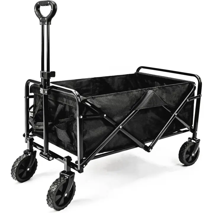 Carro Plegable para Playa con 4 Ruedas Anchas, Asa Ajustable, 2 Portavasos hasta 75 Kg- Carrito Camping Transporte Ideal para Acampar, Picnic, de Compras Color Negro - 1