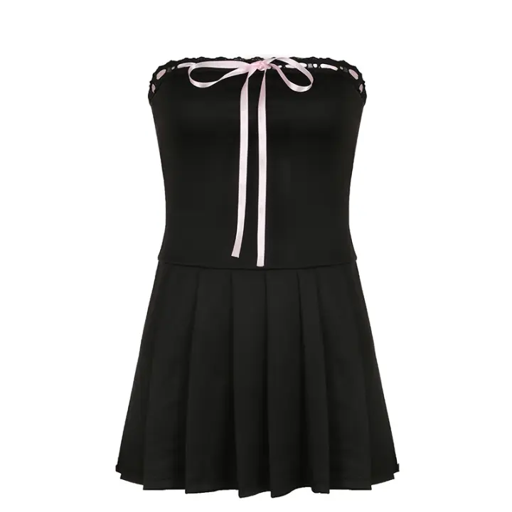 Vestido Mini Patchwork Lindo Y Psicótico Para Mujer Hombros Descubiertos Chic A-line Fiesta Lace-up Negro Ropa De Verano - 1