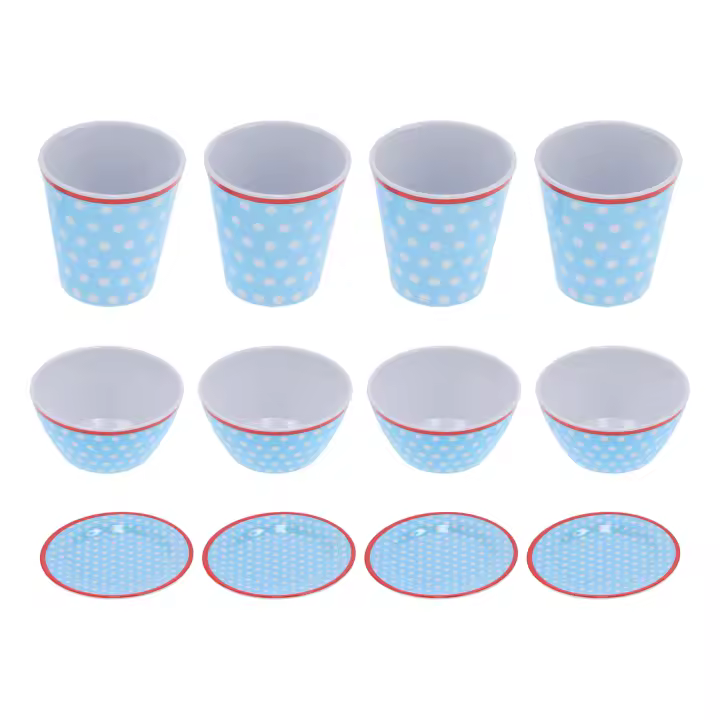 Juego de vajilla de melamina con lunares azules claros, 12 piezas, cuencos y platos para el hogar, restaurante y cocina - 1
